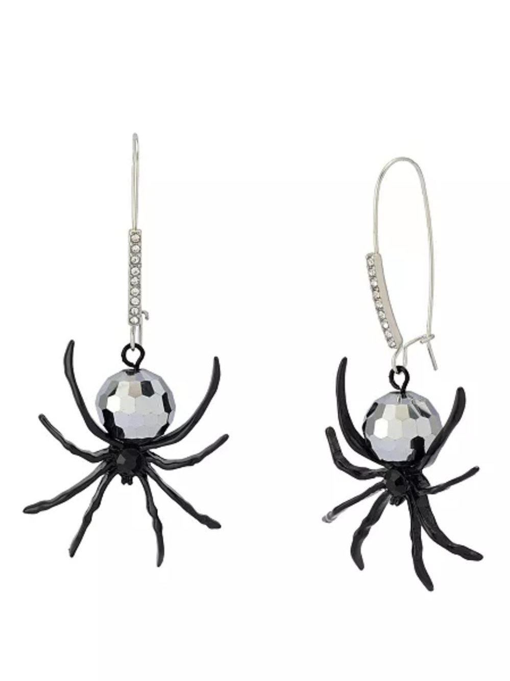 Betsey Johnson Black Spider Drop Earrings with Faceted Silver Bead